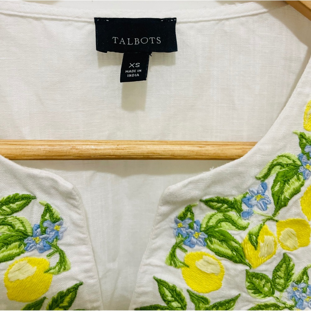 Talbots Womens Top‎ XS Embroidered Lemon Floral Tie Sleeve White Blouse - Picture 3 of 5